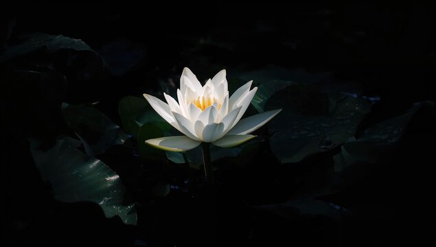 A glowing white water lily blooms amidst darkened foliage.