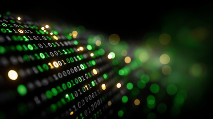 Binary Code of Green: A captivating digital art piece displays binary code in shades of green and gold, creating an abstract image of technology's language. 