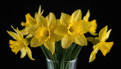Obraz premium Delicate yellow daffodils flourish elegantly in a clear glass container, their gentle petals glowing softly. The dark backdrop accentuates their freshness and charm, reminiscent of spring.