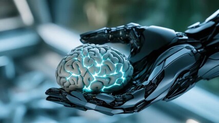 Artificial brain held by robotic hand represents cutting-edge technology, artificial intelligence concept. Artificial brain shines with digital neural connections and innovative machine learning. - Powered by Adobe