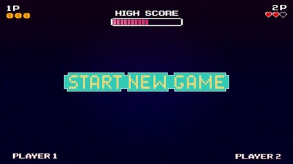 START NEW GAME. Synthwave wireframe net illustration. pixel art .8 bit game. retro game. Retro Futurism Sci-Fi Background. glowing neon grid and stars. - Powered by Adobe