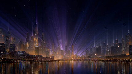 Fototapeta premium Nighttime City Spectacle: A stunning nighttime panorama unveils a modern cityscape shimmering with vibrant lights, the radiant glow mirroring on the tranquil waters below.