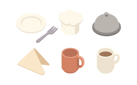 Isometric kitchenware set with chef hat and coffee mugs in pastel colors