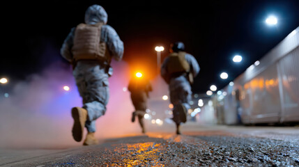 Obraz premium A powerful depiction of troops retreating through a chaotic urban landscape at night, underscoring the tension and dramatic realities of military engagements in modern environments.