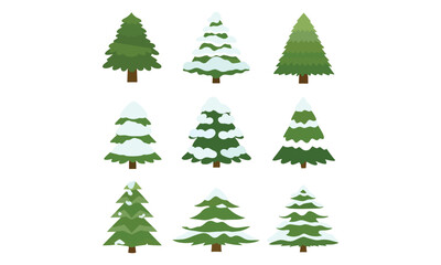 Winter tree vector collection featuring snow-covered pines, frosty fir trees, and bare branches. Perfect for seasonal designs, Christmas illustrations, holiday decorations, winter landscapes