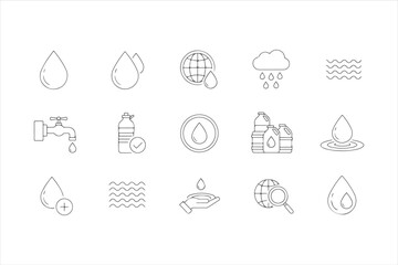 Collection of water drop icons in line style set of linear vector illustrations about water, ecology and nature