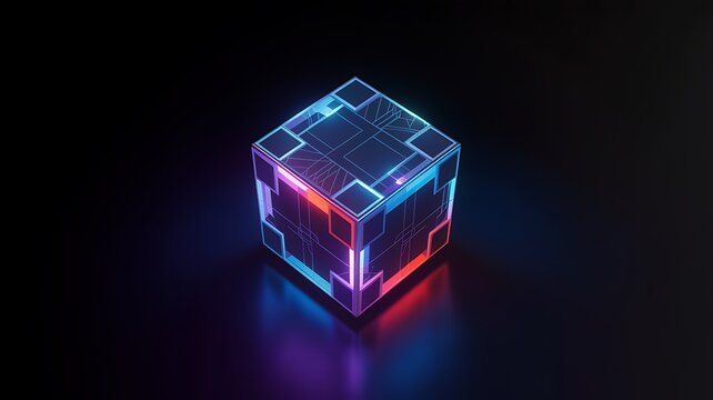 Mysterious glowing cube with neon edges and reflections science fiction concept art - Powered by Adobe