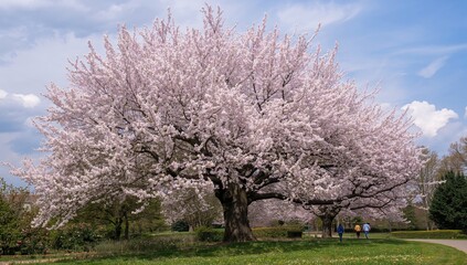 Fototapeta premium Spring day with cherry blossoms in a scenic vineyard region
