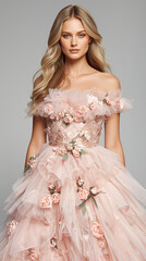 A young Caucasian woman with long blonde hair wears an elegant off-shoulder pink dress adorned with flowers