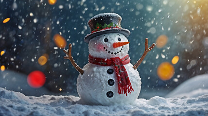 A cheerful beautiful snowman with a black top hat, orange carrot nose, and red scarf stands in a snowy landscape