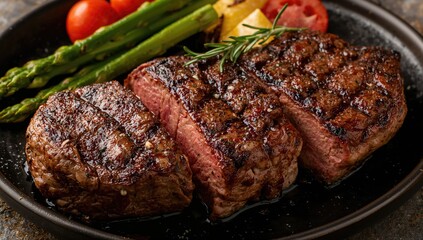 Rosemary-infused thick juicy T-bone steak fresh from the summer grill with vegetables on a dark dish