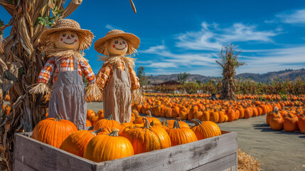 Pumpkin patch with scarecrows in a sunny autumn field