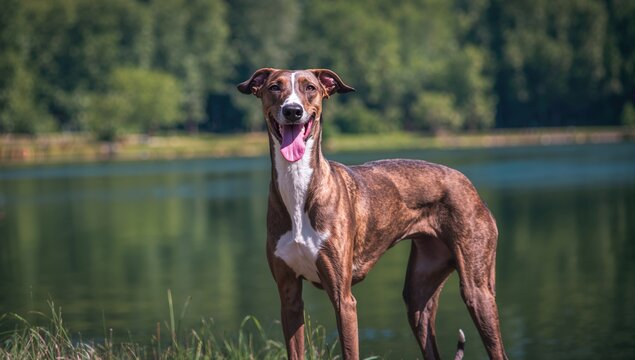 Joyful whippet by the water, playful pet with a cheerful expression