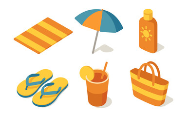 Isometric summer essentials: beach accessories and relaxation items