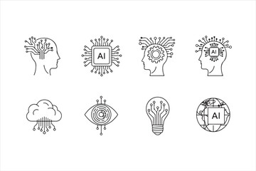 Artificial intelligence icon set collection of hand drawn symbols for ai, brain, chip, cloud, eye, lightbulb, and globe design