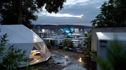 A futuristic view showcasing a living dome in the foreground, set against a vibrant cityscape, representing innovation and a glimpse into future urban living.