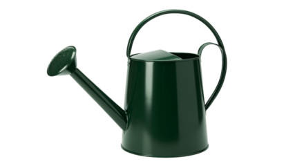 Classic dark green metal watering can for garden and indoor plant care, isolated on white background, essential gardening equipment for plant hydration