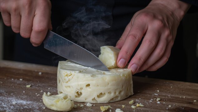 A person slicing a piece of Suluguni cheese with a knife. Traditional smoked cheese made from cow's milk, known for its brined flavor. A well-liked dairy item in its native region.