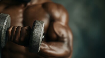 Close up of a muscular arm and hand gripping a heavy dumbbell during a fitness workout