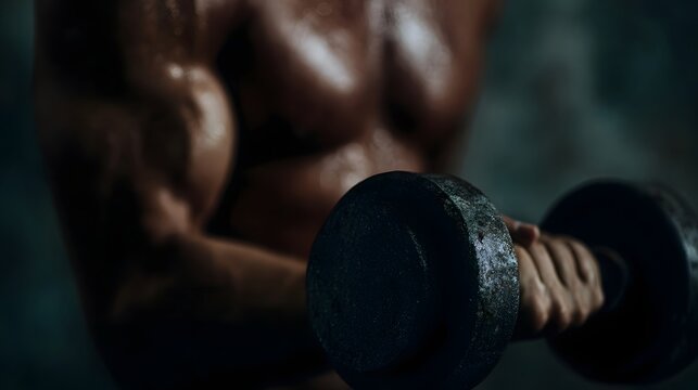 Close up of a fit muscular person sweating while lifting a heavy dumbbell in a dimly lit setting showcasing strength and dedication