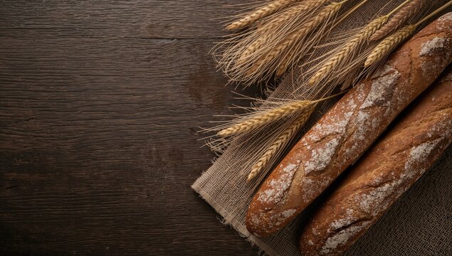 Freshly baked artisan sourdough baguette with crunchy crust alongside rye and wheat ears on a rustic wooden surface, contemporary baking theme, nutritious natural cuisine - Powered by Adobe