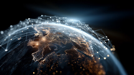 Global Network: A futuristic digital representation of the Earth, interwoven with a network of interconnected nodes symbolizing global communication and technological advancement.