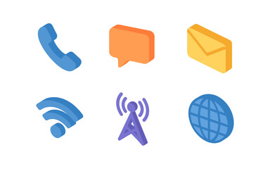 Colorful communication icons: phone, message, email, wifi, signal, globe