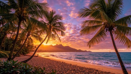 Obraz premium Stunning twilight over a tropical shoreline with palm silhouettes