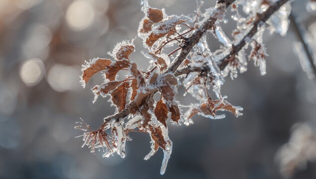Close-up of icy tree twig adorned with frost-covered dead leaves - Powered by Adobe