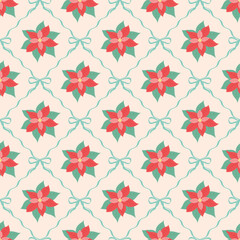 A lovely, seamless pattern featuring stylized Poinsettia flowers connected by delicate mint blue bows and ribbons on a soft beige background. Vector illustration.
