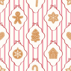Seamless pattern featuring various gingerbread cookies in festive frames with ribbons, on pink and white striped background. Vector illustration.