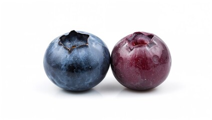 Obraz premium Close-up of a single fresh blueberry split in half against a white backdrop with full depth of field
