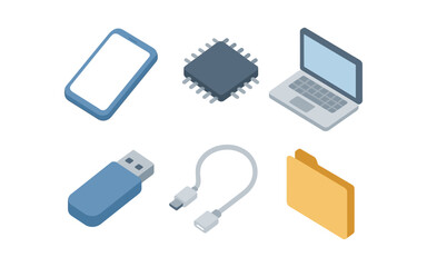 Modern tech gadgets in isometric style with smartphone, laptop, and accessories