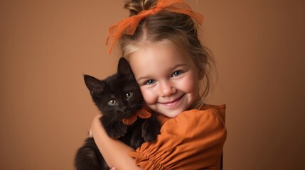 Studio portrait of a smiling girl in an orange dress hugging a black kitten with an orange bow, symbolizing childhood joy, affection, and the autumn season