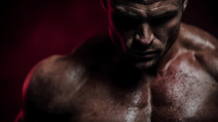 Fototapeta premium Dramatic close up portrait of a muscular sweaty man showing intensity and strength