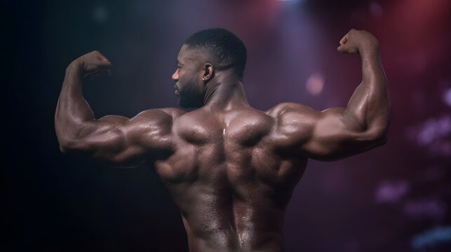 A powerful Black bodybuilder showcases sculpted back and arm muscles flexing under dramatic stage lighting against a dark bokeh filled background