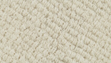 Sweater with diagonal knit design in a soft egg shell shade. Warm and textured fabric close-up with blurred backdrop and empty area for text.