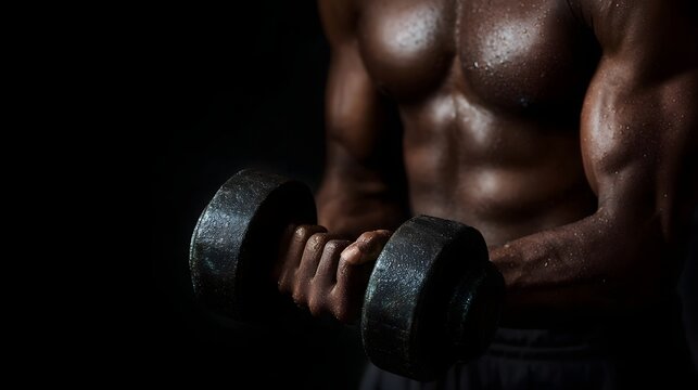 Close up of a muscular man s torso and arm gripping a heavy dumbbell during an intense workout with sweat visible