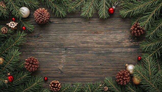 Festive backdrop featuring pine branches, ornaments, and eco-friendly decorations on rustic wood. A nature-inspired holiday theme for seasonal greetings.