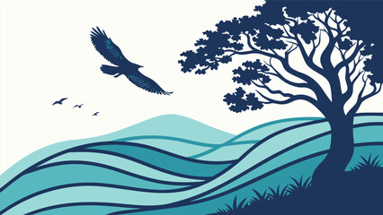Majestic eagle soaring over rolling blue waves and silhouette of a tree in a stylized landscape © Creative Pixy
