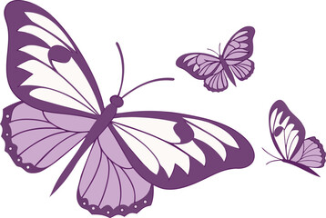 Three delicate purple butterflies in flight against a white background symbolizing transformation and beauty