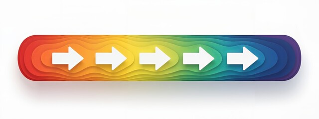 Paper cut style horizontal process bar with a rainbow color gradient and white arrows, symbolizing a workflow, progression, spectrum, or sequential timeline.