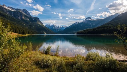 Naklejka premium Large Shavlinskoe Lake in the Altai Mountain Range