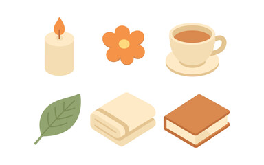 Cozy autumn essentials: candle, flower, tea, leaf, blanket, book in flat design