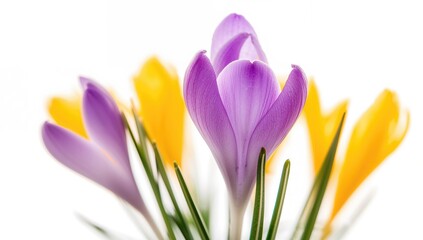 Naklejka premium Stunning crocus blossoms set against a plain white backdrop for card design