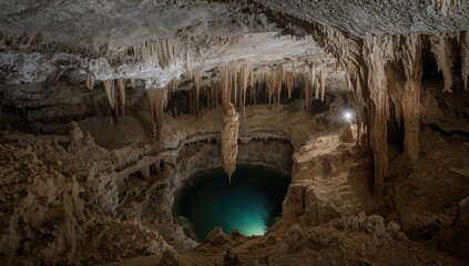 Underground voids and pits created by water dissolving layers of dolomite, resulting in caves and sinkholes.
