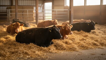Medium shot of cattle resting on soft golden straw bedding highlighting a warm and natural farm environment that promotes comfort and cleanliness.