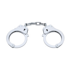 Gleaming metal handcuffs against a void, symbolizing law enforcement authority and arrest tool,