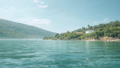 Fototapeta premium A white house surrounded by natural water textures symbolizing health and energy from the earth