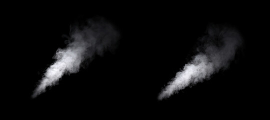 Two streams of white smoke isolated on black background showing vapor motion and fog effect. Concept of air pollution, heat, steam, and atmospheric texture for design, film, and visual effects.